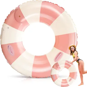 1 Pcs Giant Swim Ring with Handles 40 Inches Inflatable Pool Float Tube with Classic Pink Striped Swimming Pool Ring Inflatable Lounge Chairs Rafts for Adults Summer Pool Beach Party Supplies