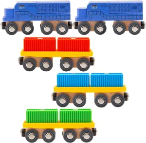 11 Pcs Intermodal Freight Trains Set for Wooden wood Railway Includes 2 Diesel Engines, 3 Container Flat Cars, 6 Shipping Containers Compatible with Thomas, Brio, Chuggington, Melissa and Doug