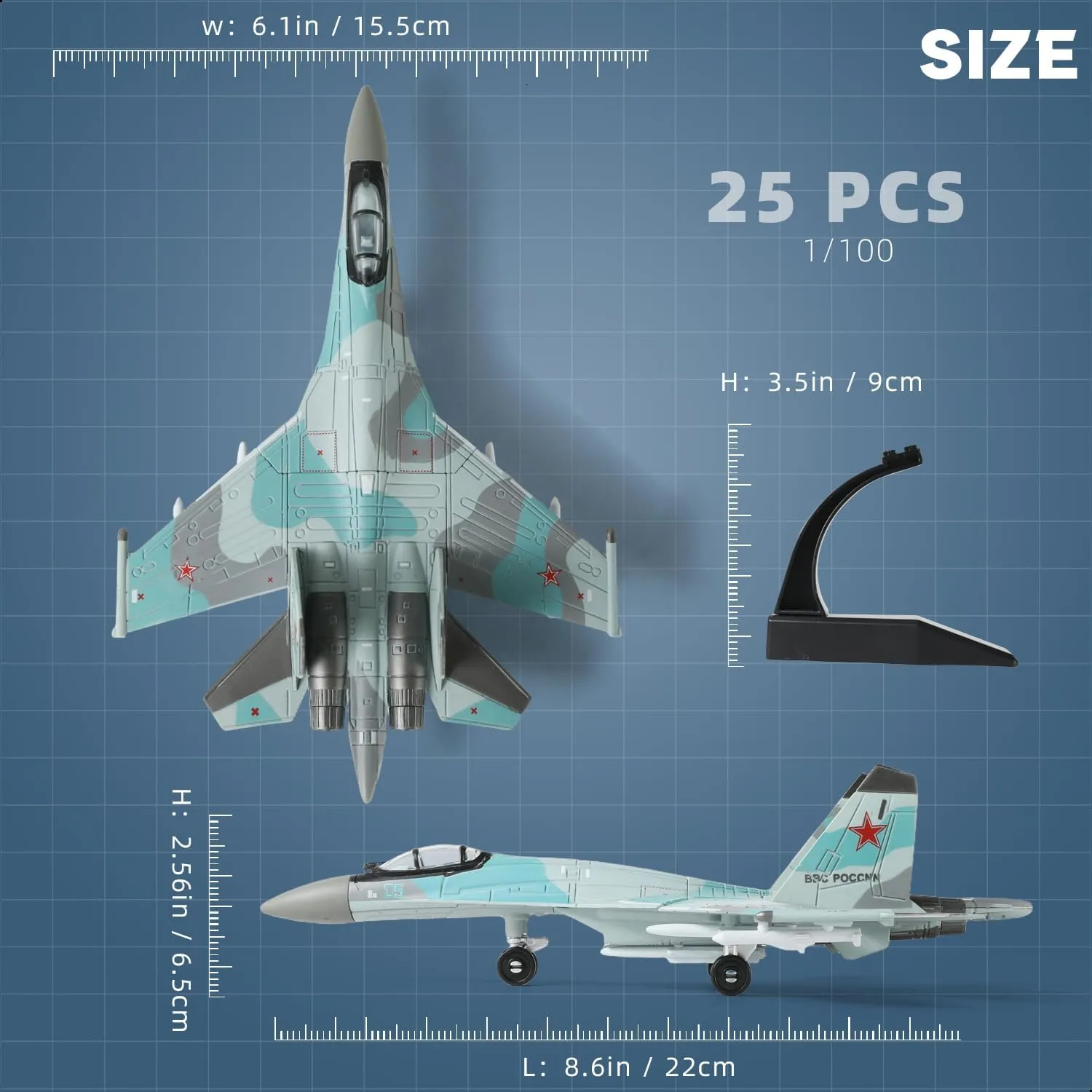 1:100 Scale SU-35S Fighter Jet Quick Build Model Kit Plastic Millitary Jet Plane Toy Assembly Aircraft Model with Stand Gift for Adults and Kids (25 Pieces)