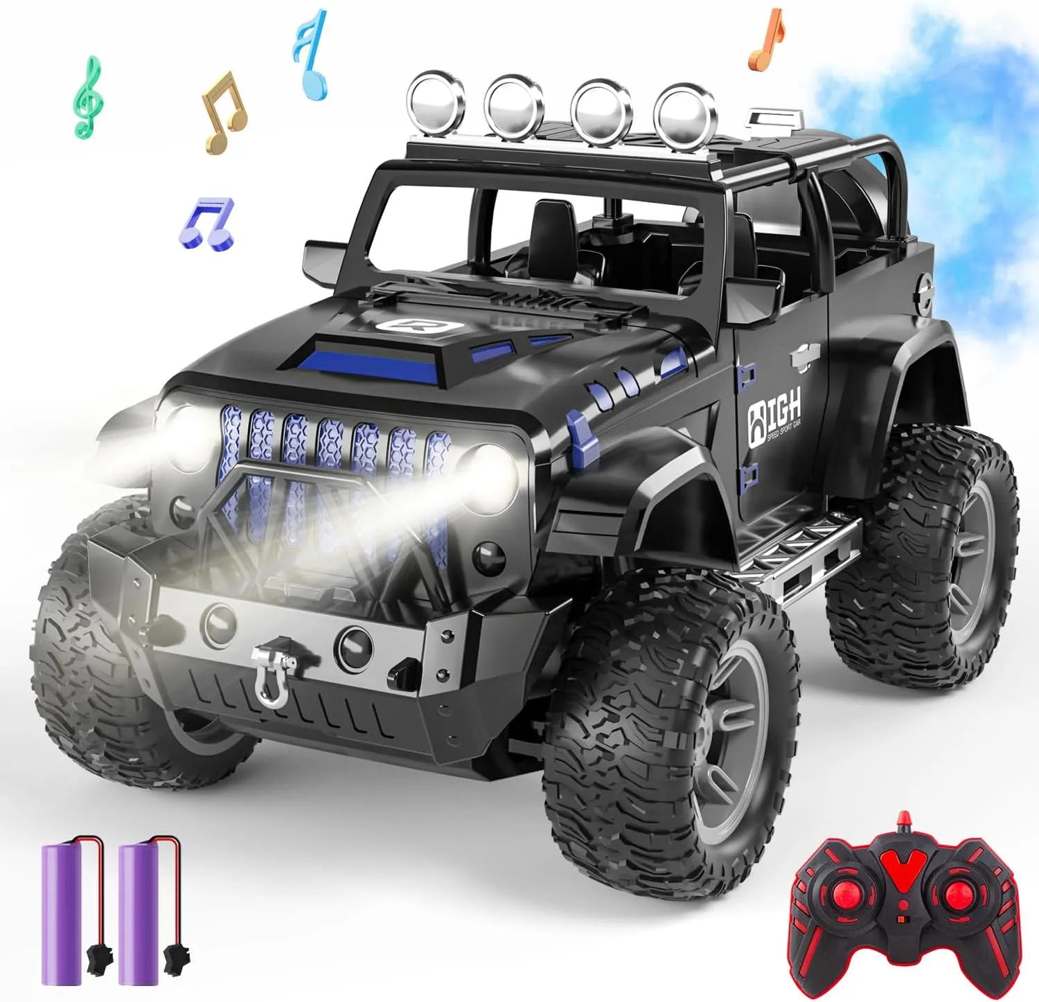 1:16 Remote Control Car with Spray, Lights and Sound, 2.4GHz Remote Control Truck for Boys and Girls, All Terrain Off-Road RC Car Jeep, Toys Gift for Kids