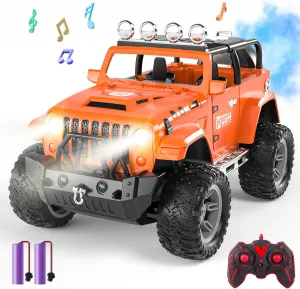 1:16 Remote Control Car with Spray, Lights and Sound, 2.4GHz Remote Control Truck for Boys and Girls, All Terrain Off-Road RC Car Jeep, Toys Gift for Kids