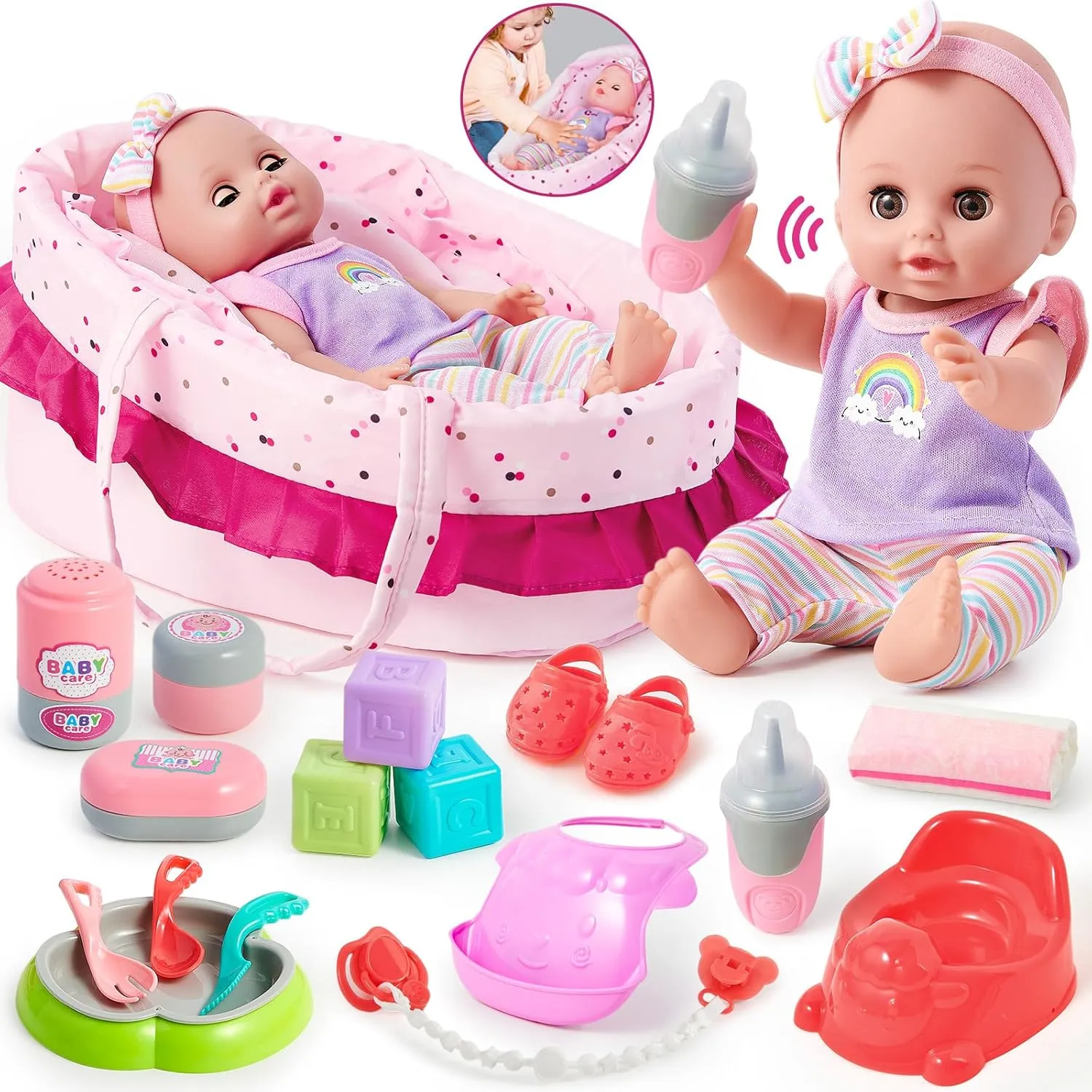 12'' Interactive Baby Doll Set with Bassinet Accessories Toddlers Girls Toys, Talking Laughing Crying Doll Feeding Nursery Playset Pretend Play Gifts for Little Girls Kids 3 4 5 6  Years Old