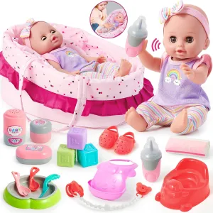 12'' Interactive Baby Doll Set with Bassinet Accessories Toddlers Girls Toys, Talking Laughing Crying Doll Feeding Nursery Playset Pretend Play Gifts for Little Girls Kids 3 4 5 6  Years Old