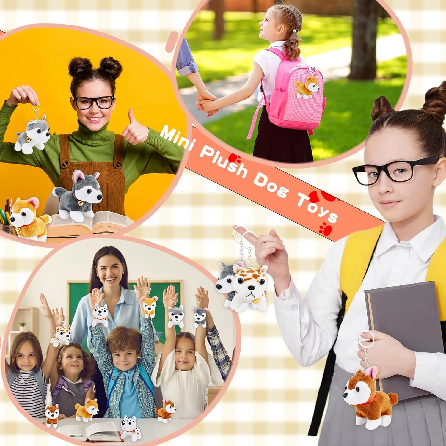12 Pack Mini Plush Dog Bulk Soft Small Puppy Stuffed Animals Keychain for Backpack Goodie Bag Fillers Baby Shower Birthday Valentines Easter Christmas Gift (Color Set 2)