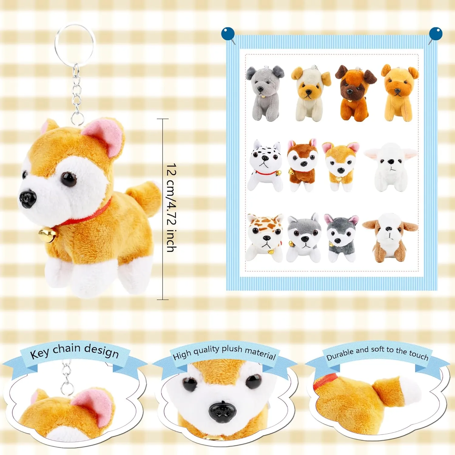 12 Pack Mini Plush Dog Bulk Soft Small Puppy Stuffed Animals Keychain for Backpack Goodie Bag Fillers Baby Shower Birthday Valentines Easter Christmas Gift (Color Set 2)