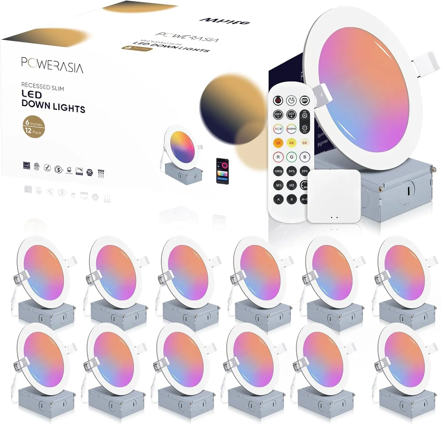 12 Pack Smart Recessed Lighting 6 Inch, Ultra-Thin LED Recessed Lighting 12W 1200LM Smart Downlight with Junction Box, Compatible with Alexa/Google Assistant - ETL and Energy Star Certified