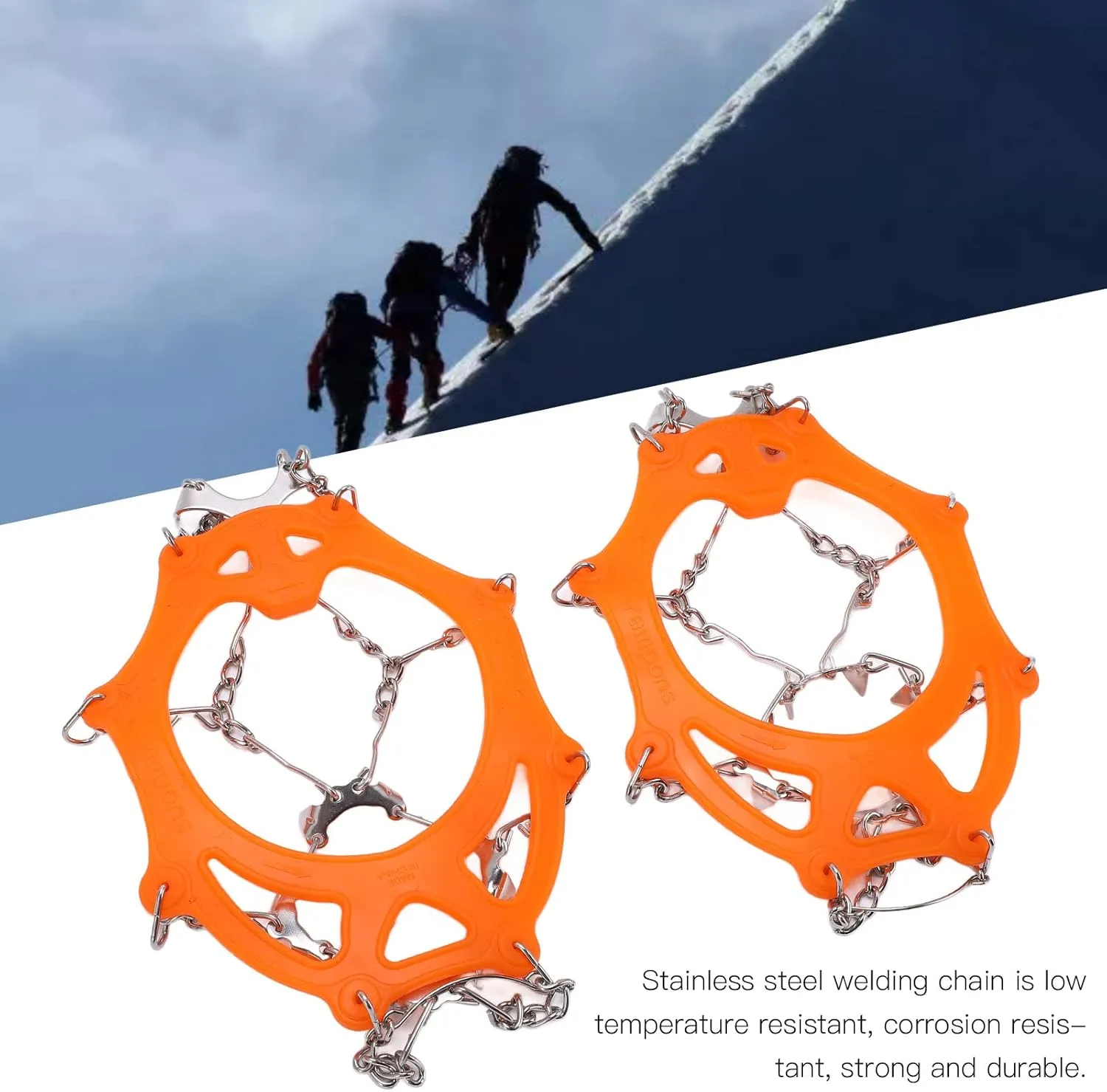 12 Tooth Mountaineering Crampons, Wearproof Skid Snow Shoes Accessory, Made of SiO2 Gel and Stainless Steel, Orange, with Thickened Steel Claws for Outdoor Use