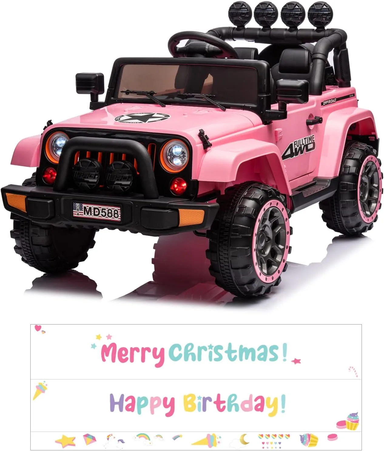12V Kids Electric Car Ride On Car with Remote Control, DIY Stickers, 2 Motors, LED Lights, Full Function Doors, Music Player, Pink