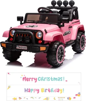 12V Kids Electric Car Ride On Car with Remote Control, DIY Stickers, 2 Motors, LED Lights, Full Function Doors, Music Player, Pink