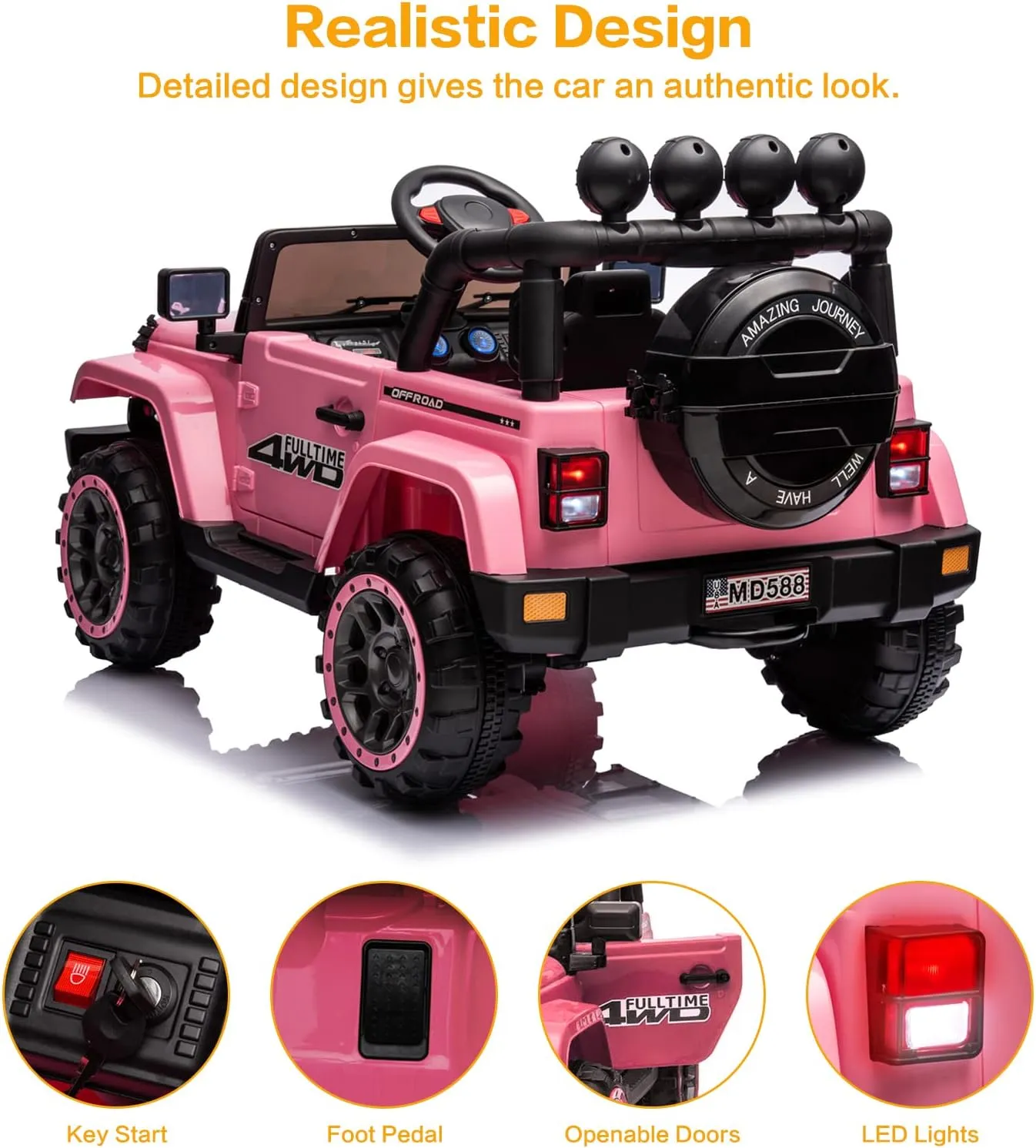 12V Kids Electric Car Ride On Car with Remote Control, DIY Stickers, 2 Motors, LED Lights, Full Function Doors, Music Player, Pink