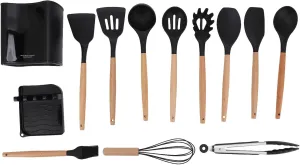 13 Pcs Outdoor Camping Utensils Set, Non Stick Silicone Cookware Set with Heat Resistant Wooden Handle, Safe Odorless Picnic Utensils with Rack Storage Box for Hiking Camping Cooking