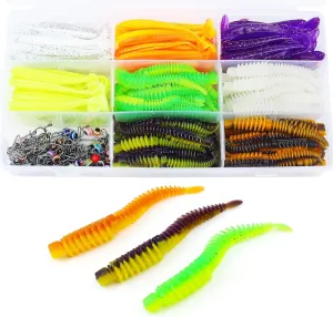 130/260Pcs Fishing Soft Lures Multi-Color Worms Set with Storage Box Silicone Threaded Bait Equipment Tackle Plastic Bait Gear for Bass, Fish Kit,Hooks,connectors, Accessories Tools,Swimbait
