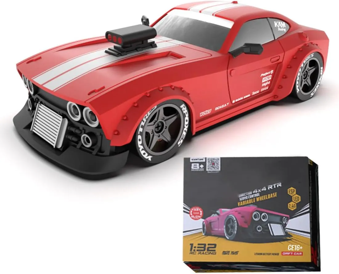 1/32 Mini RC 30KM/H Gyro Drift Car, 2.4G 4WD RC Drift Car with LED Headlights, High Speed Electric Racing Sports Car, Indoor Remote Control Toys Gift (RTR Version)