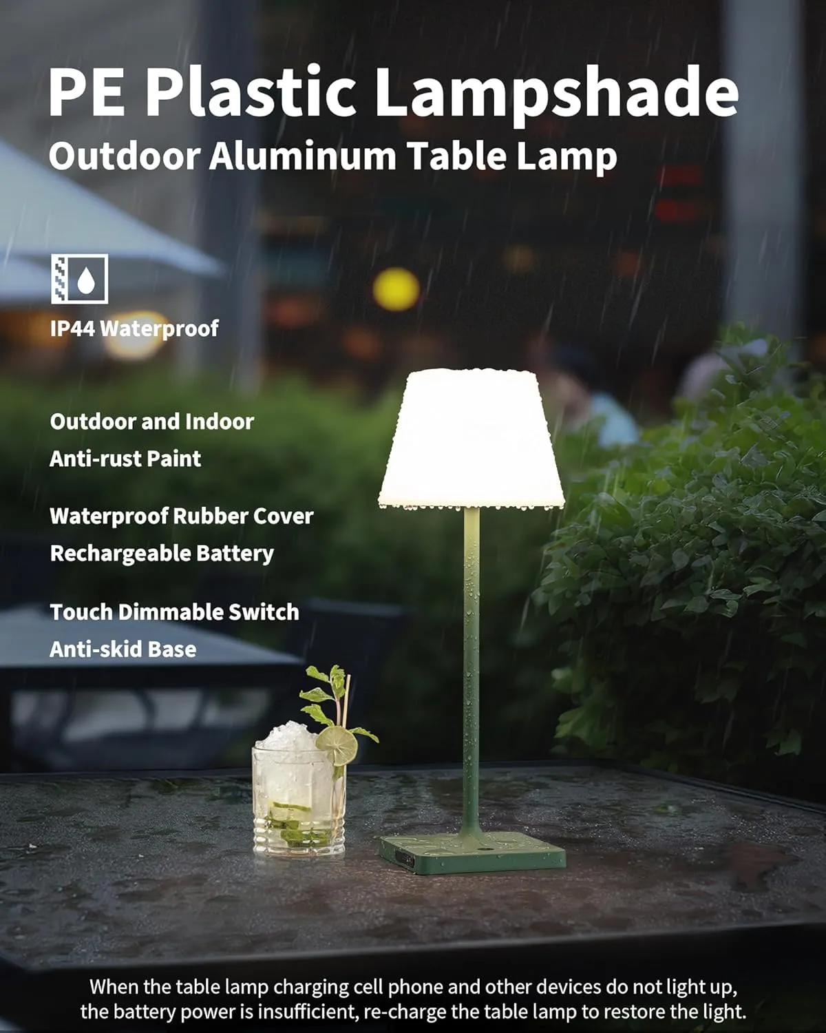 14.5" Small Cordless Touch Table Lamp Green, Waterproof Shower Lamp Set of 2, 4000mAh Rechargeable Battery Powered Dimmable LED Desk Lamps for Outdoor, Restaurant, Bathroom, Camping, Nightlight