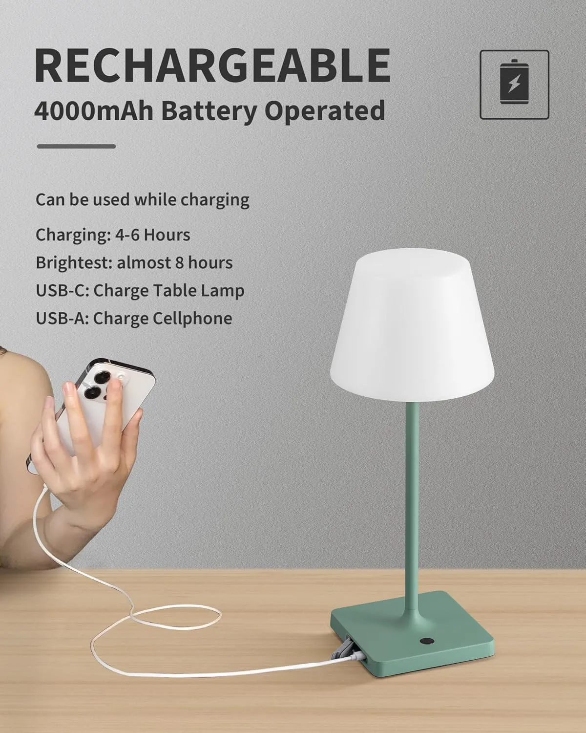 14.5" Small Cordless Touch Table Lamp Green, Waterproof Shower Lamp Set of 2, 4000mAh Rechargeable Battery Powered Dimmable LED Desk Lamps for Outdoor, Restaurant, Bathroom, Camping, Nightlight