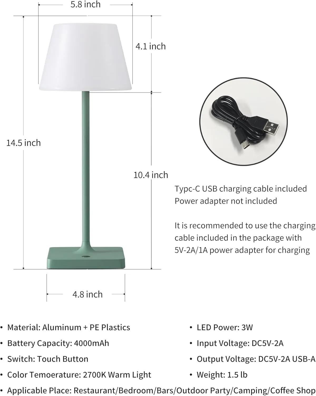 14.5" Small Cordless Touch Table Lamp Green, Waterproof Shower Lamp Set of 2, 4000mAh Rechargeable Battery Powered Dimmable LED Desk Lamps for Outdoor, Restaurant, Bathroom, Camping, Nightlight
