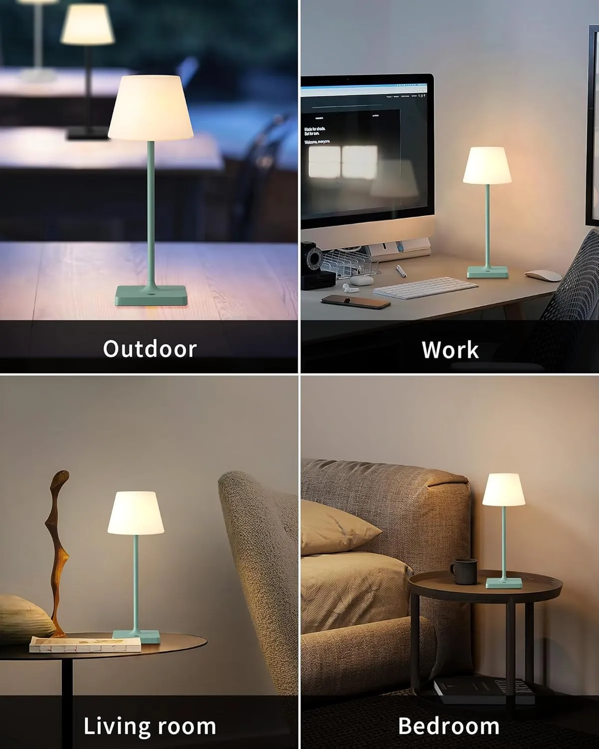 14.5" Small Cordless Touch Table Lamp Green, Waterproof Shower Lamp Set of 2, 4000mAh Rechargeable Battery Powered Dimmable LED Desk Lamps for Outdoor, Restaurant, Bathroom, Camping, Nightlight