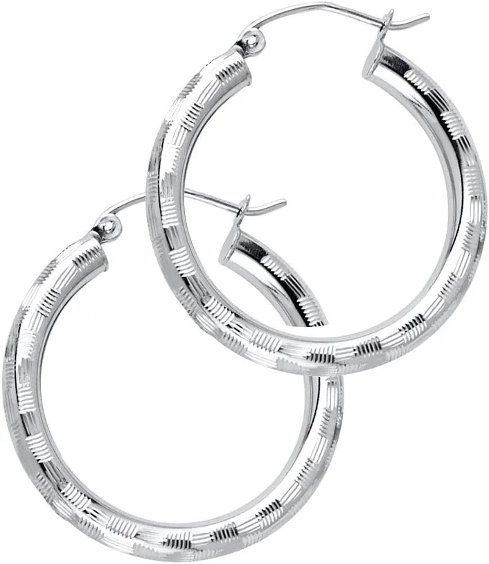 14k Yellow Gold Basket Weave Hoop Etched Circle Round Classic Earrings
