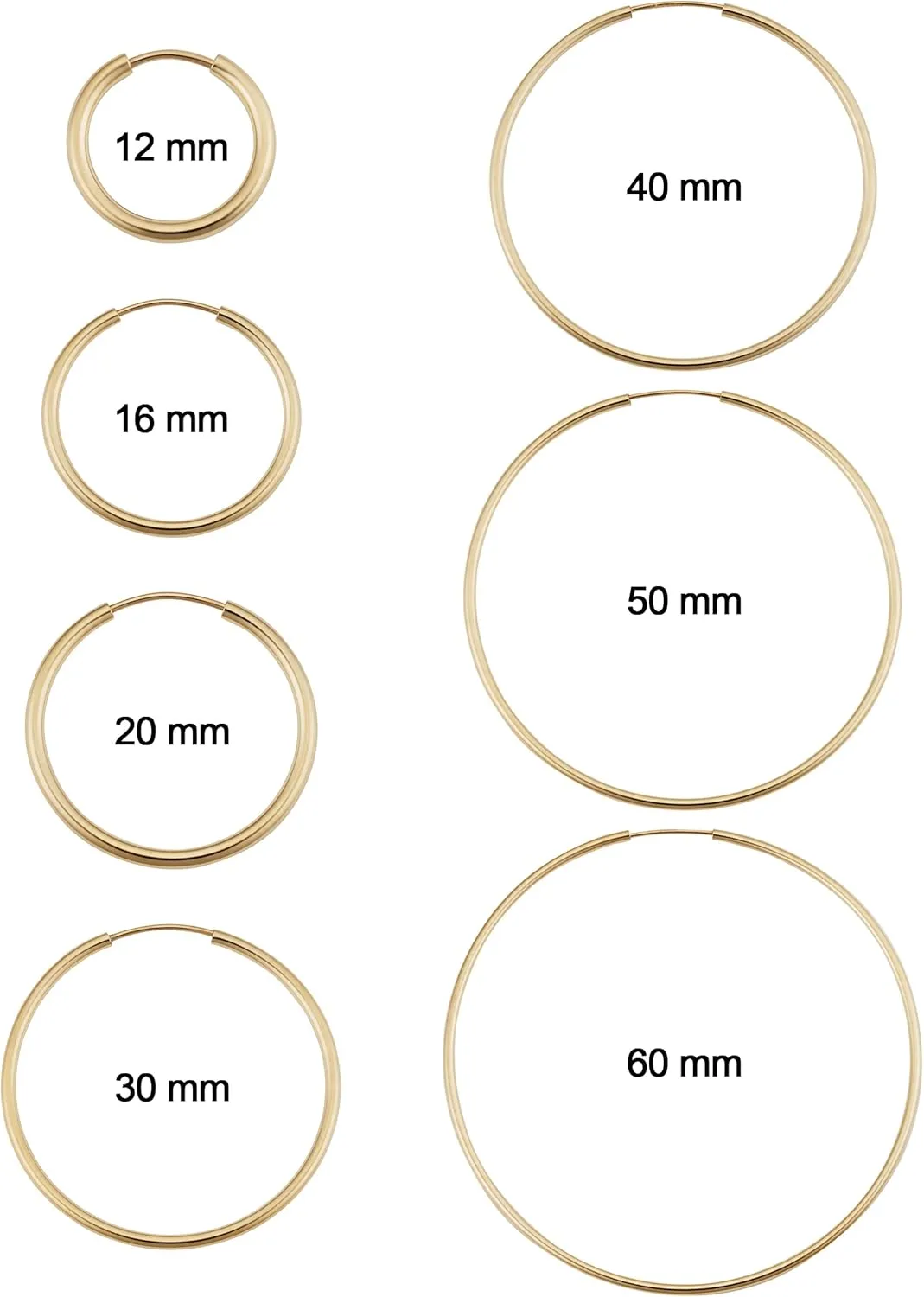 14k Yellow Gold Filled 1.5 mm Thick Endless Hoop Earrings (12, 16, 20, 30, 40, 50 or 60 mm)