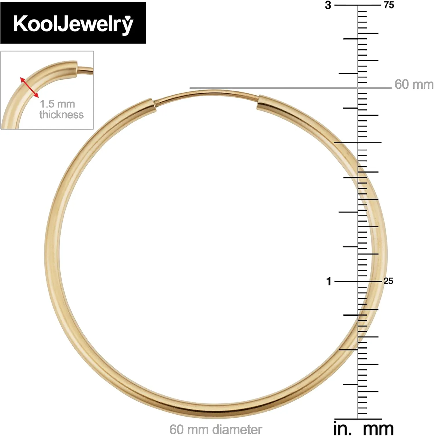 14k Yellow Gold Filled 1.5 mm Thick Endless Hoop Earrings (12, 16, 20, 30, 40, 50 or 60 mm)