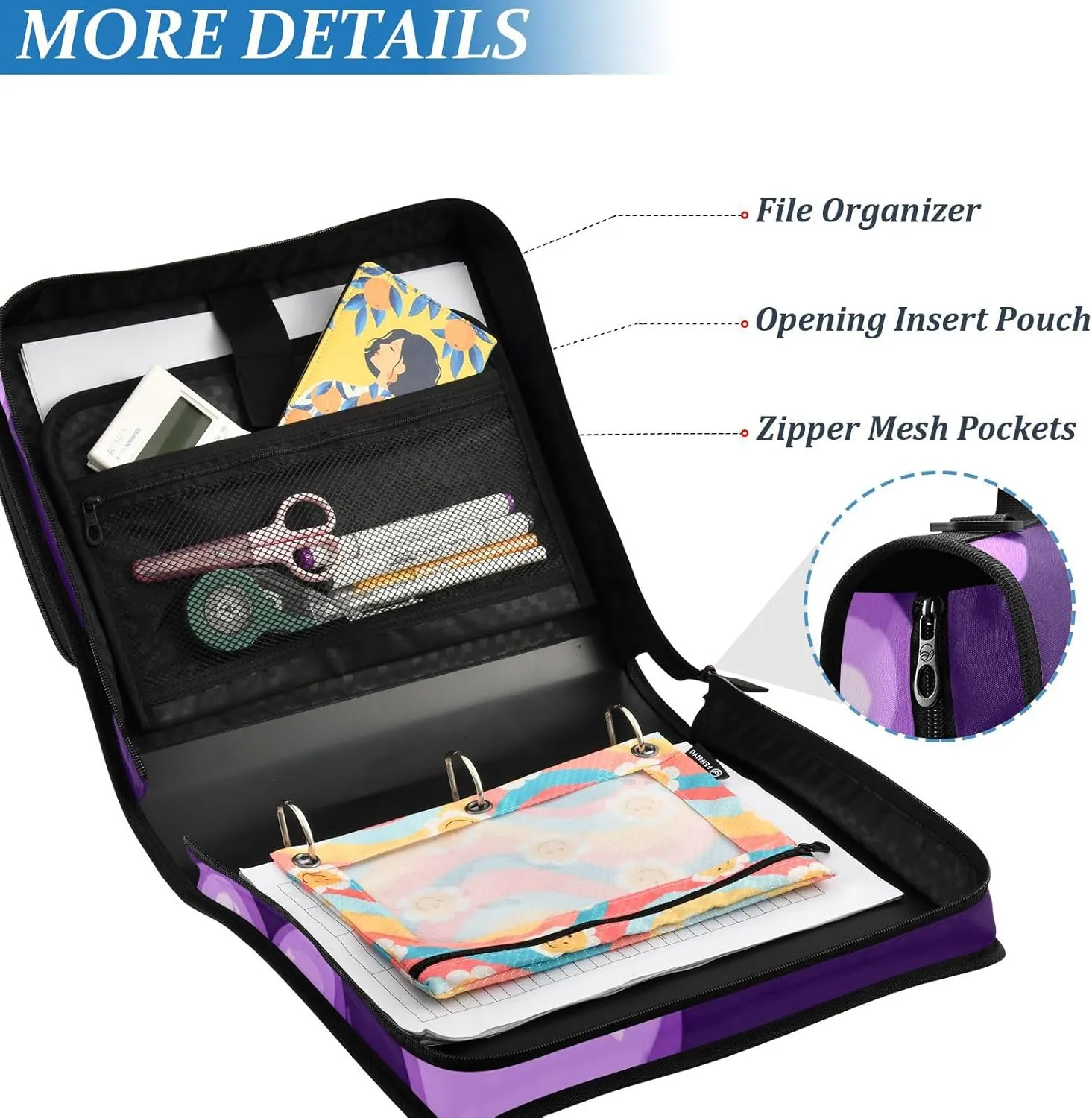 1.5 Inch 3 Rings Sturdy Zipper Binder with Handle and Removable Shoulder Strap Includes Zip Pocket Documents Files Storage Bag Suitable for Middle School Purple Heart Day Purple Heart