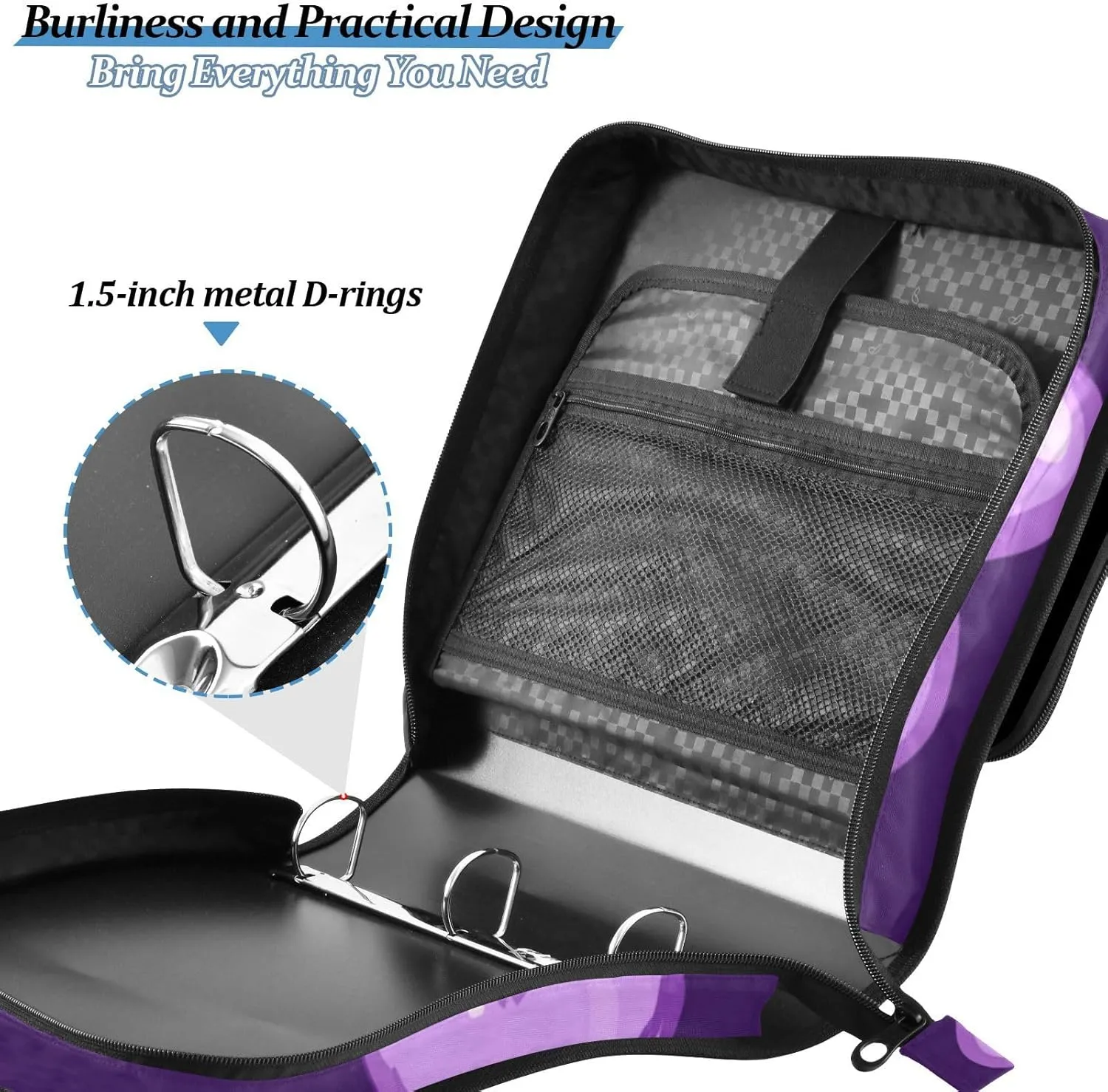 1.5 Inch 3 Rings Sturdy Zipper Binder with Handle and Removable Shoulder Strap Includes Zip Pocket Documents Files Storage Bag Suitable for Middle School Purple Heart Day Purple Heart