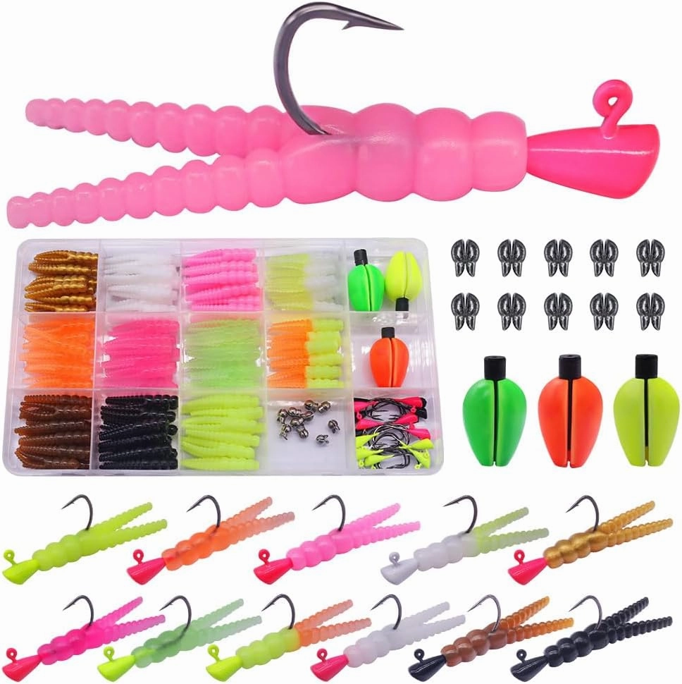 165-Piece Trout Lure Kit for Creek & River Fishing Gear with Split Tail Grub Worms, Shad Dart Jig Heads, Floats & Sinkers - Ideal for Seasonal Trout Crappie & Panfish
