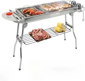 16.7x10x17.7in Portable Charcoal Grill with Frying Pan, Foldable Stainless Steel Camping Grill for Outdoor BBQ, Garden Parties, Picnics, Compact Charcoal Grills for 8 People