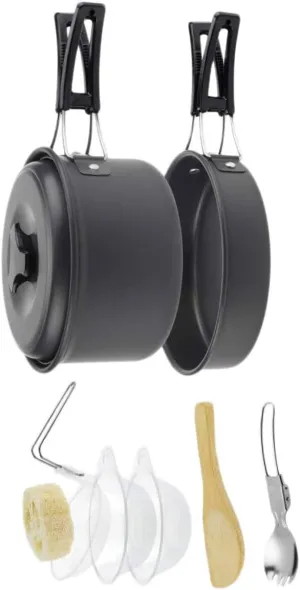 1set Portable Camping Cookware for People Black Outdoor Cooking Pots and Cutlery for Hiking Picnics and BBQ Design for
