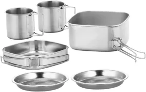 1set Portable Camping Cookware Lightweight Stainless Steel Cooking Pan Handles Includes Frying Pan Stew Pot Cups and Plates for Outdoor Cooking and Picnics