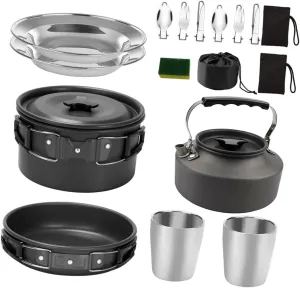 1set Portable Outdoor Cookware Kit for People Non-Stick Cooking Pot and Utensils Lightweight and Camping Essentials Black