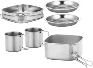 1set Portable Stainless Steel Outdoor Camping Cookware Handles Lightweight and Cooking Pots Pans Cups and Plates for Hiking Picnics Bbqs and More