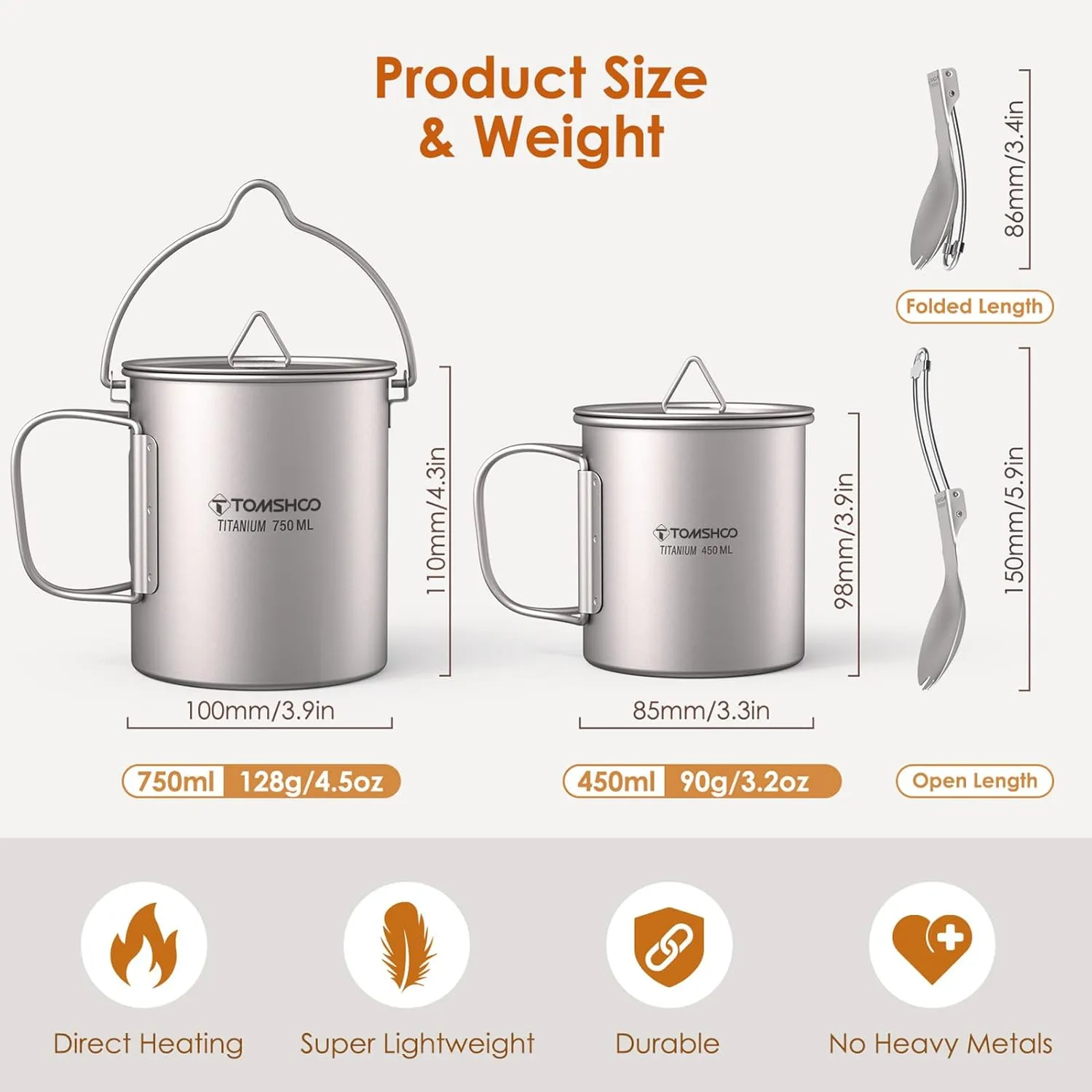 2-in-1 designTitanium Water Mug Cup, with Lid, mesh storage sack,and Foldable Handle, Ultralight750mlTitanium Pot, Portable Efficient Heat Outdoor Camping Cooking (750ML Pot &