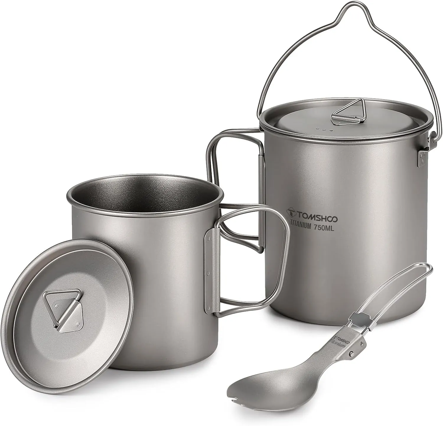 2-in-1 designTitanium Water Mug Cup, with Lid, mesh storage sack,and Foldable Handle, Ultralight750mlTitanium Pot, Portable Efficient Heat Outdoor Camping Cooking (750ML Pot &