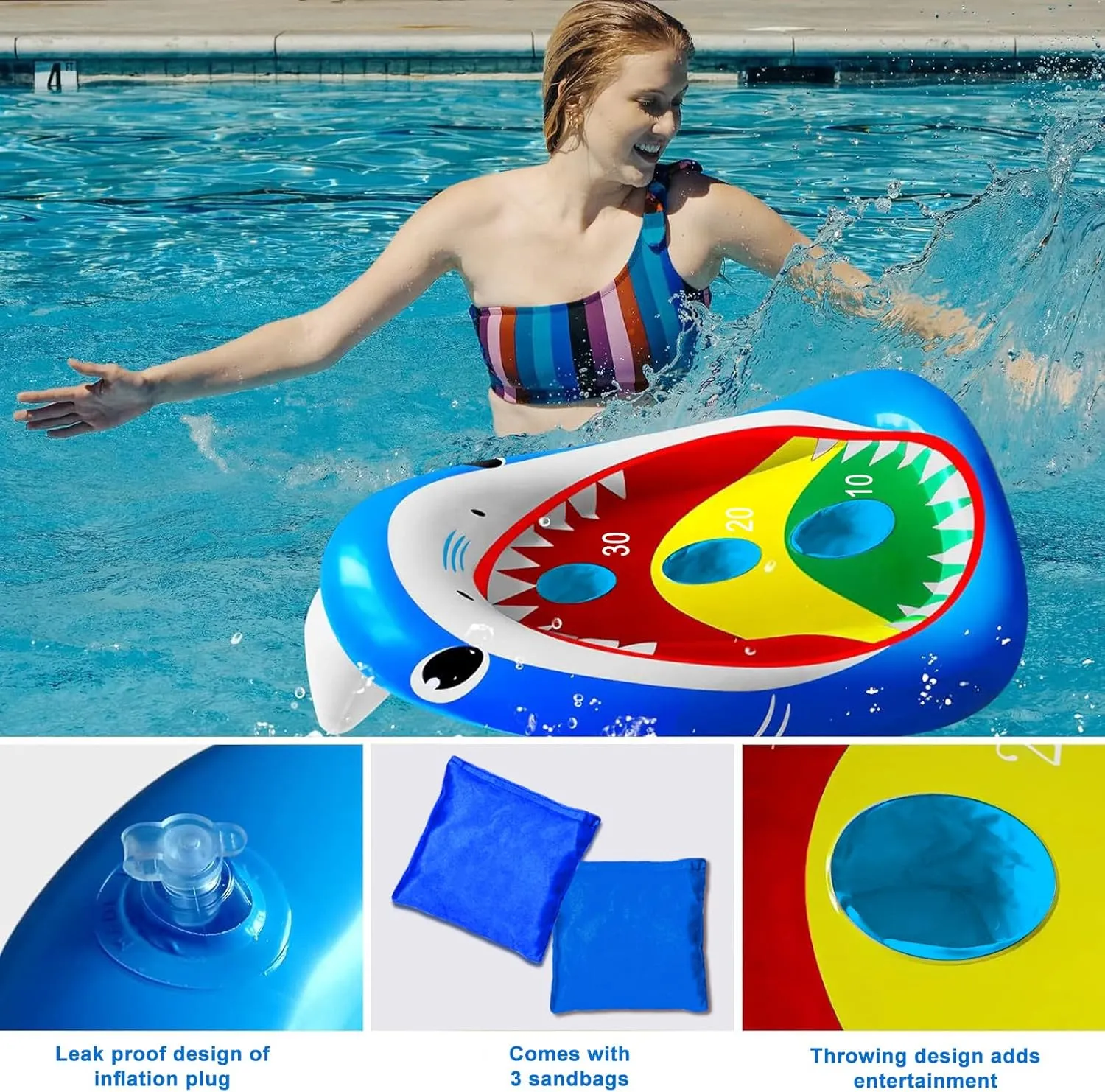 2 Pack Kids Pool Toys,Inflatable Shark Cornhole Board Floating Water Games Outdoor Swim Play for Adults Family,Cool Summer Party Gift for 6 7 8 9 10 12 Year Olds