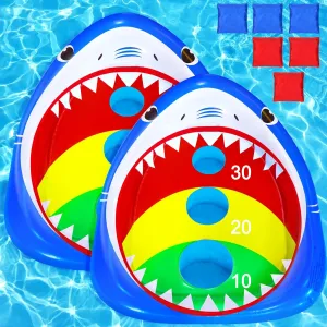 2 Pack Kids Pool Toys,Inflatable Shark Cornhole Board Floating Water Games Outdoor Swim Play for Adults Family,Cool Summer Party Gift for 6 7 8 9 10 12 Year Olds