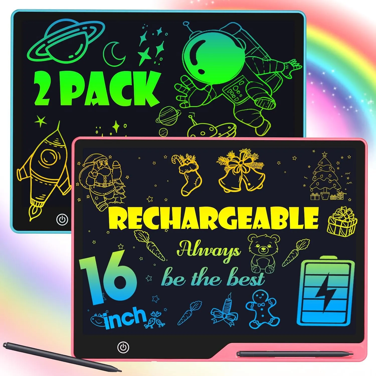 2 Pack LCD Writing Tablet for Kids, 16 Inch Rechargeable Erasable Doodle Board Colorful Toddler Drawing Pads, Preschool Learning Toys Christmas Birthday Gift3 5 7Year Old Girls Pink and Blue