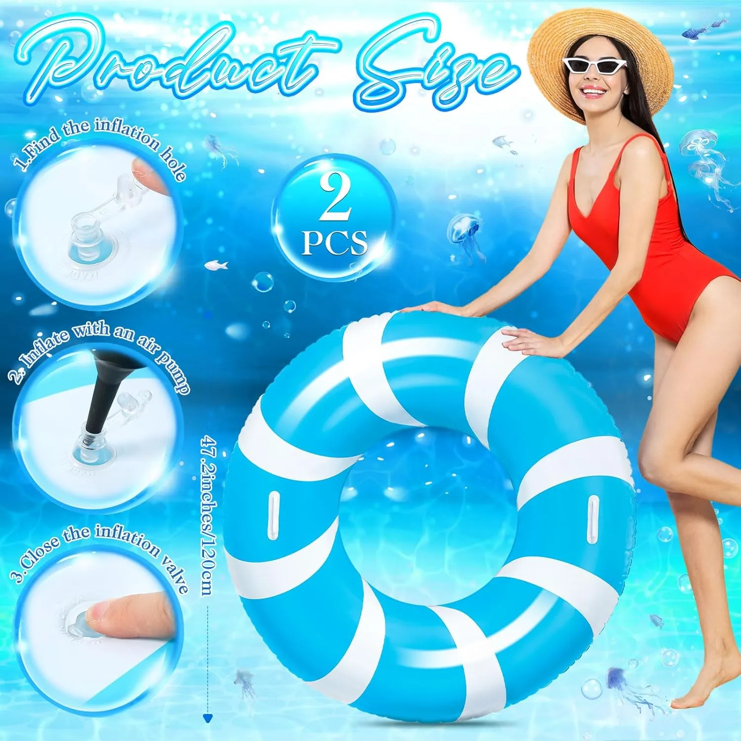 2 Pcs Jumbo Blue Swim Ring with Handles 47.24 Inches Inflatable Pool Float Tube Classic Striped Inflatable Swimming Pool Ring for Adults Summer Pool Lounger Rafts Beach Party Supplies