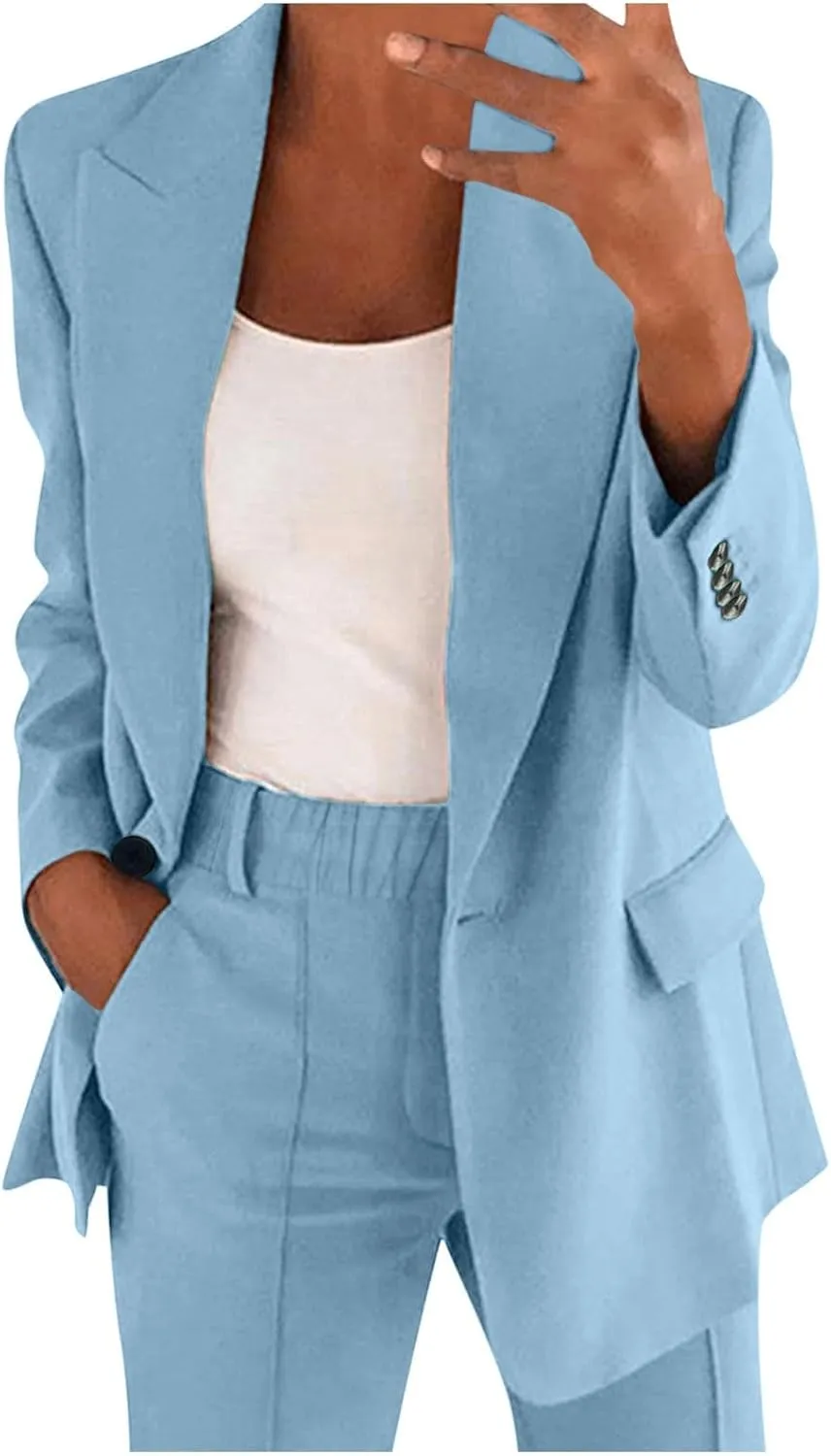 2 Piece Outfits for Women Dressy Blazer Jackets High Waisted Straight Leg Pants Suits Set Business Casual Office