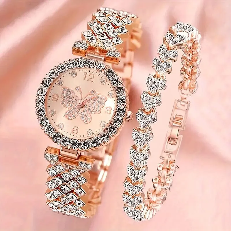 2-Piece Set: Butterfly Quartz Stainless Steel Band Wrist Watch and Bracelet