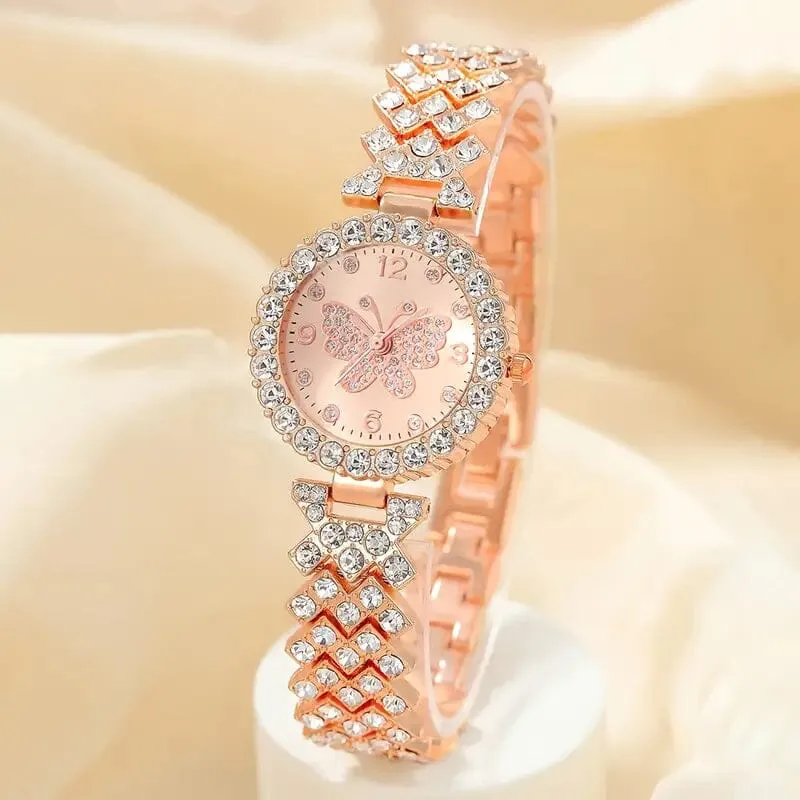 2-Piece Set: Butterfly Quartz Stainless Steel Band Wrist Watch and Bracelet