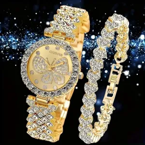 2-Piece Set: Butterfly Quartz Stainless Steel Band Wrist Watch and Bracelet
