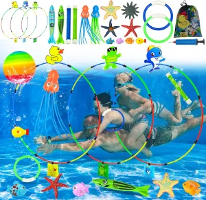 22Pcs Pool Toys for Kids Ages 4-8 & 8-12 - Summer Swimming Toys Set with Thru Rings, Sticks, Rings, Torpedo, Starfish, Octopus, Mesh Bag Include