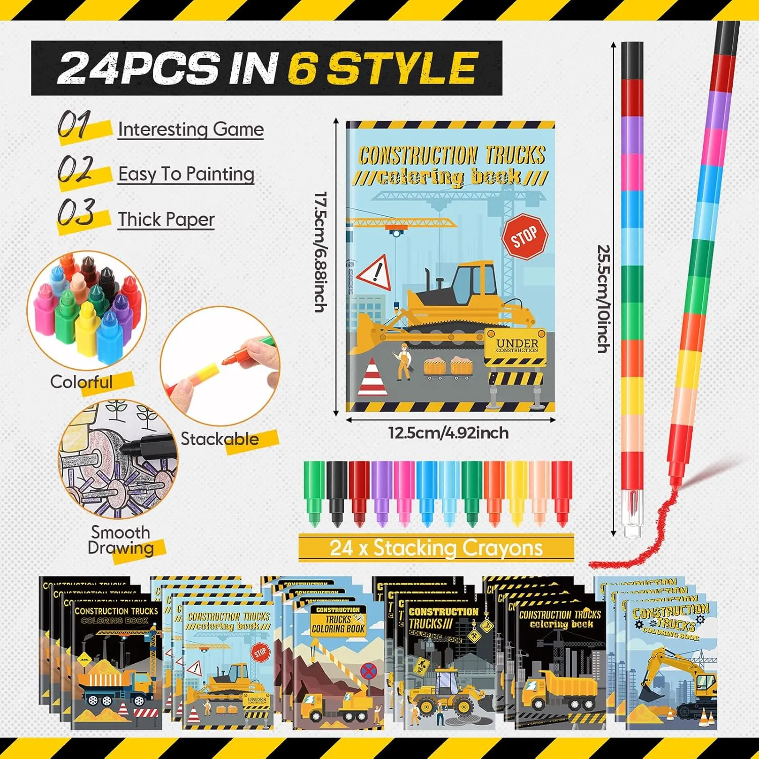24 Set Valentine‘s Day Exchange Classroom Gifts, 24 Construction Trucks Coloring Book with 24 Stacking Crayons for Students Party Favors Stockings Pinata Filler School Goodie Bag Stuffer