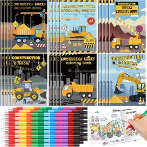 24 Set Valentine‘s Day Exchange Classroom Gifts, 24 Construction Trucks Coloring Book with 24 Stacking Crayons for Students Party Favors Stockings Pinata Filler School Goodie Bag Stuffer
