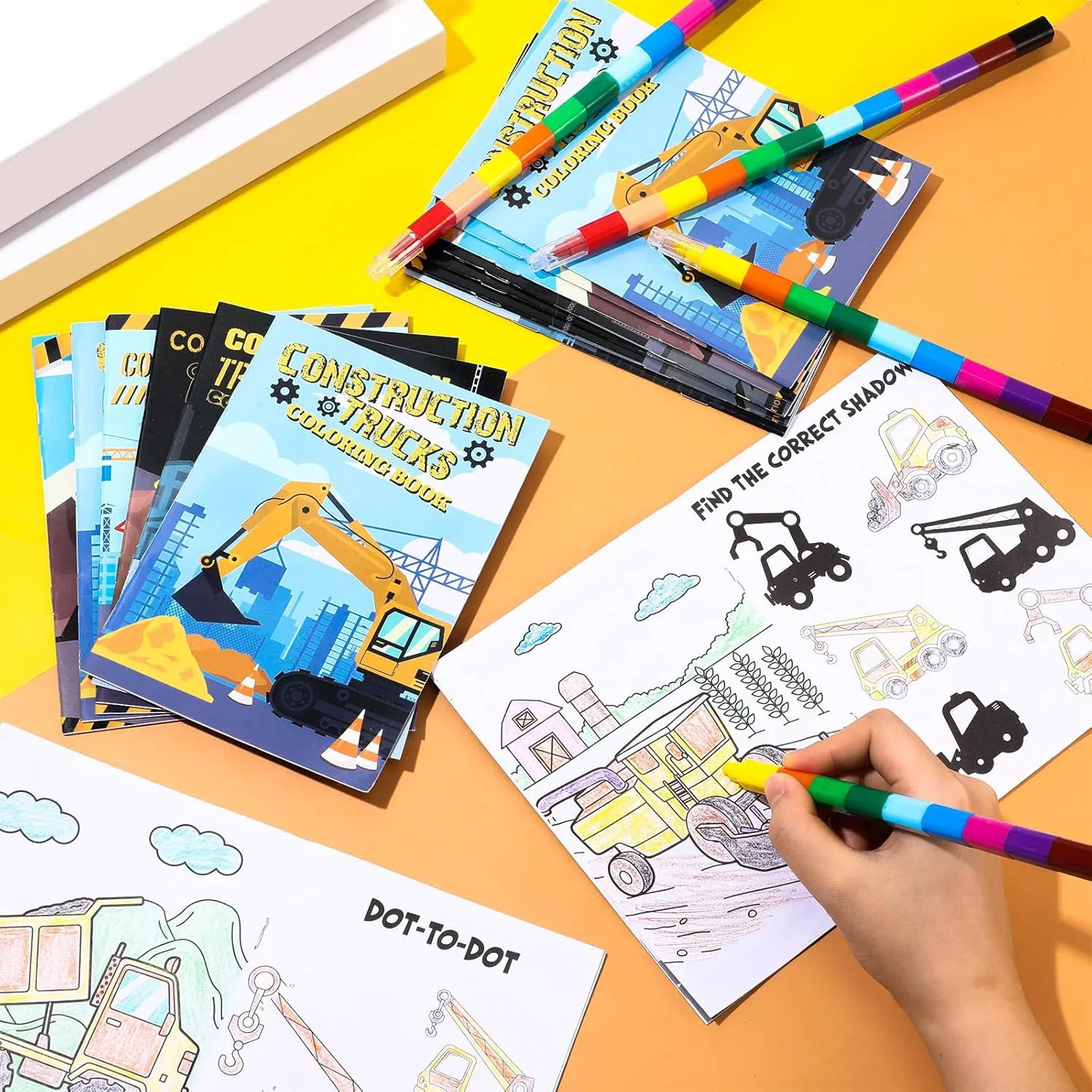 24 Set Valentine‘s Day Exchange Classroom Gifts, 24 Construction Trucks Coloring Book with 24 Stacking Crayons for Students Party Favors Stockings Pinata Filler School Goodie Bag Stuffer