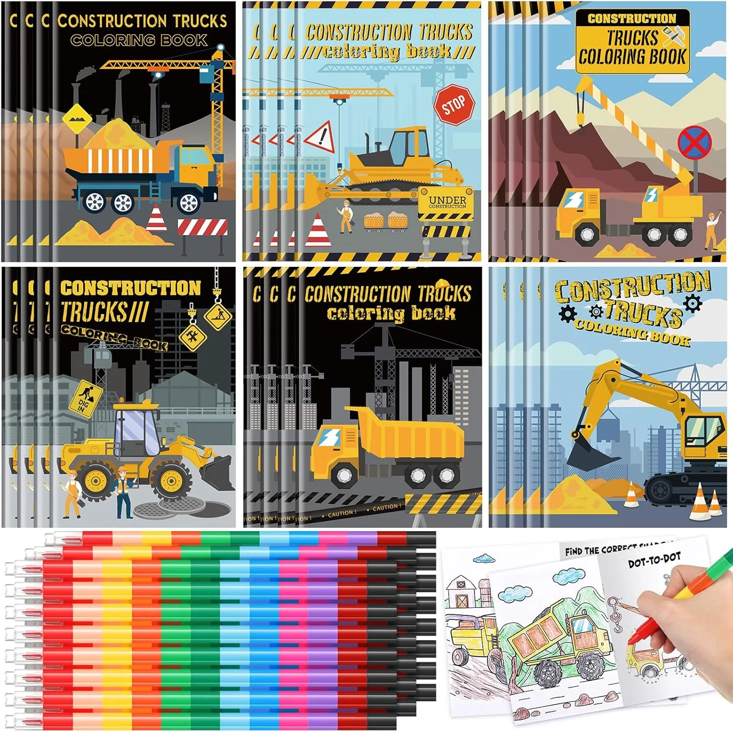 24 Set Valentine‘s Day Exchange Classroom Gifts, 24 Construction Trucks Coloring Book with 24 Stacking Crayons for Students Party Favors Stockings Pinata Filler School Goodie Bag Stuffer