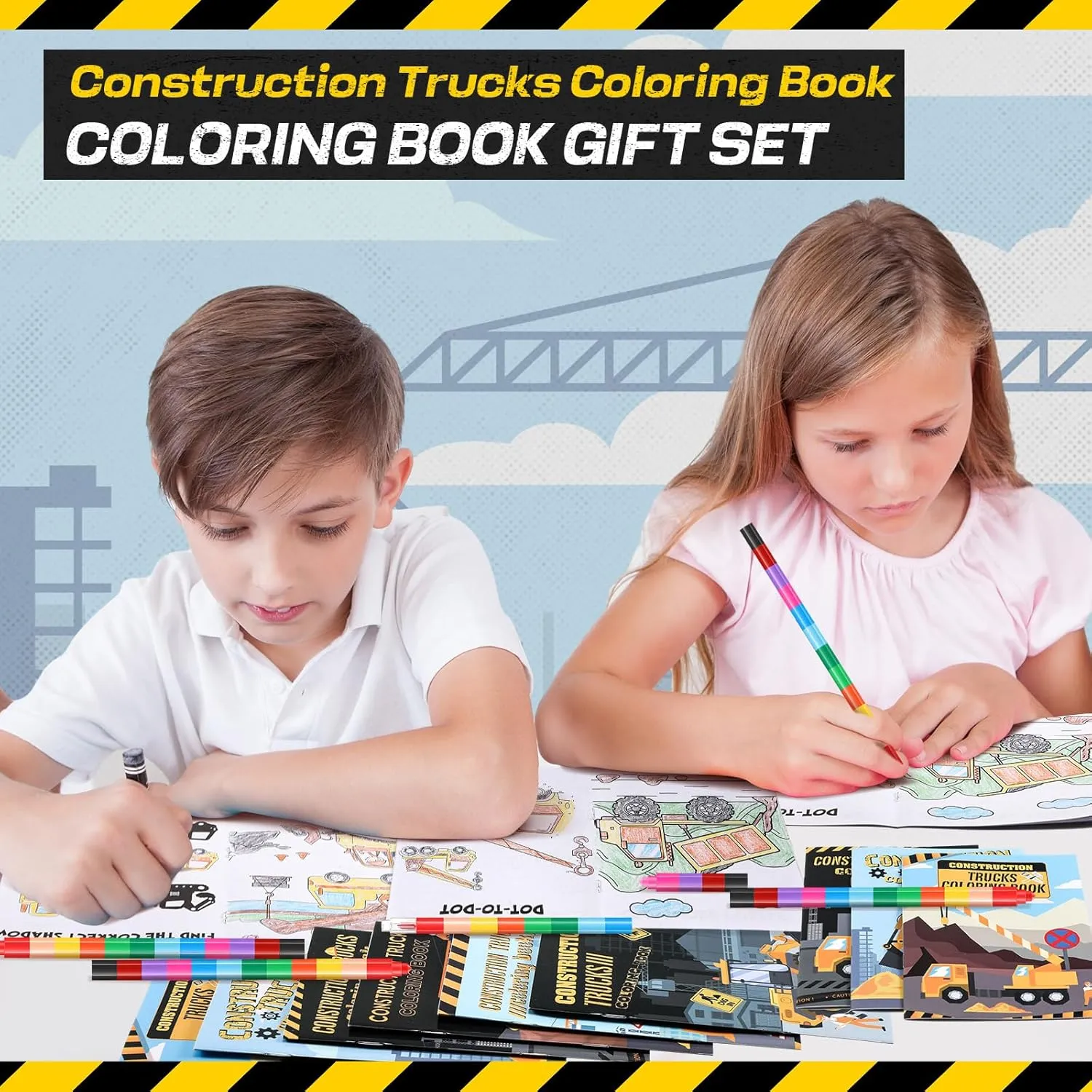 24 Set Valentine‘s Day Exchange Classroom Gifts, 24 Construction Trucks Coloring Book with 24 Stacking Crayons for Students Party Favors Stockings Pinata Filler School Goodie Bag Stuffer