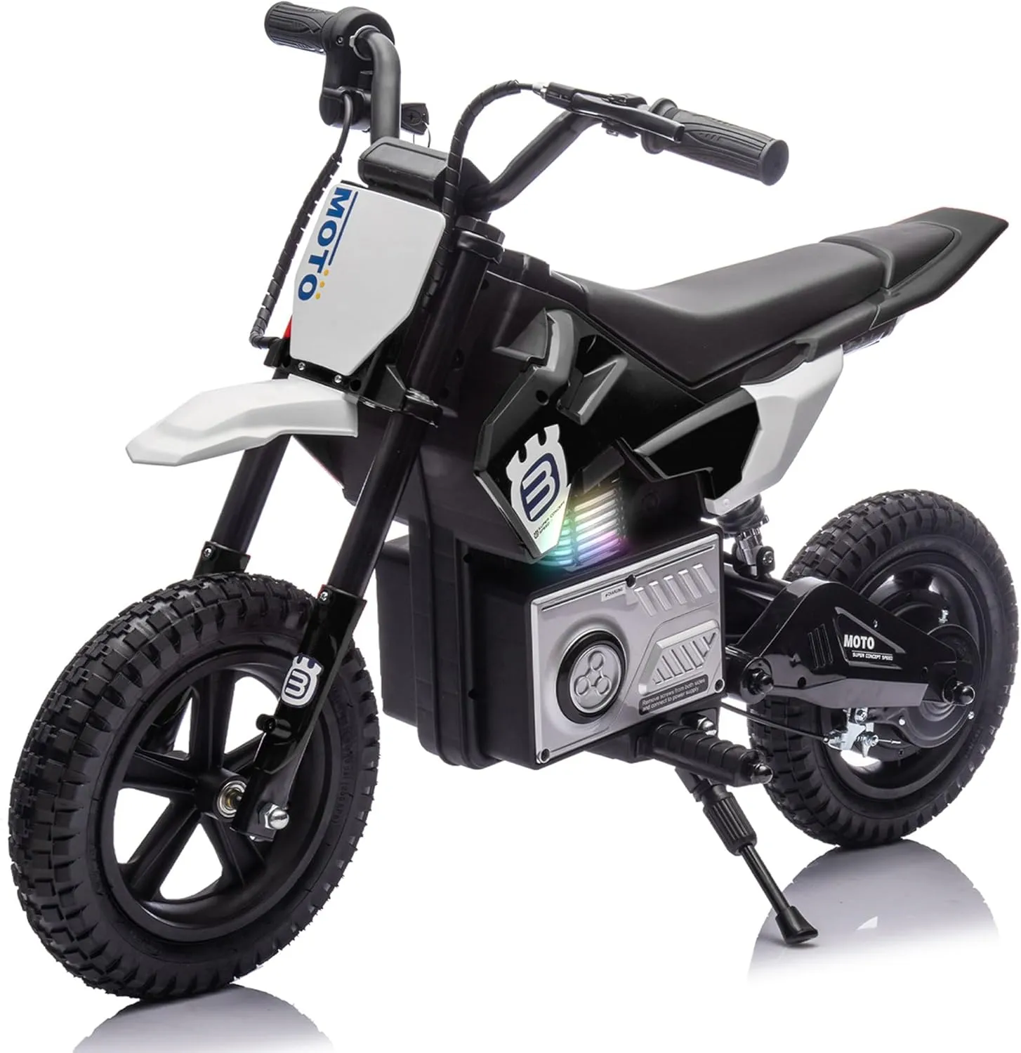 24V Kids Electric Dirt Bike, 200W High Speed Hub Motor Dirt Bike for Kids, Rear Wheel Shock Absorber, Adjustable Speed, LED Breath Lamp, Bluetooth, Music, Horn, Speeds 3.11-9.32mph for Kids Aged 5-15