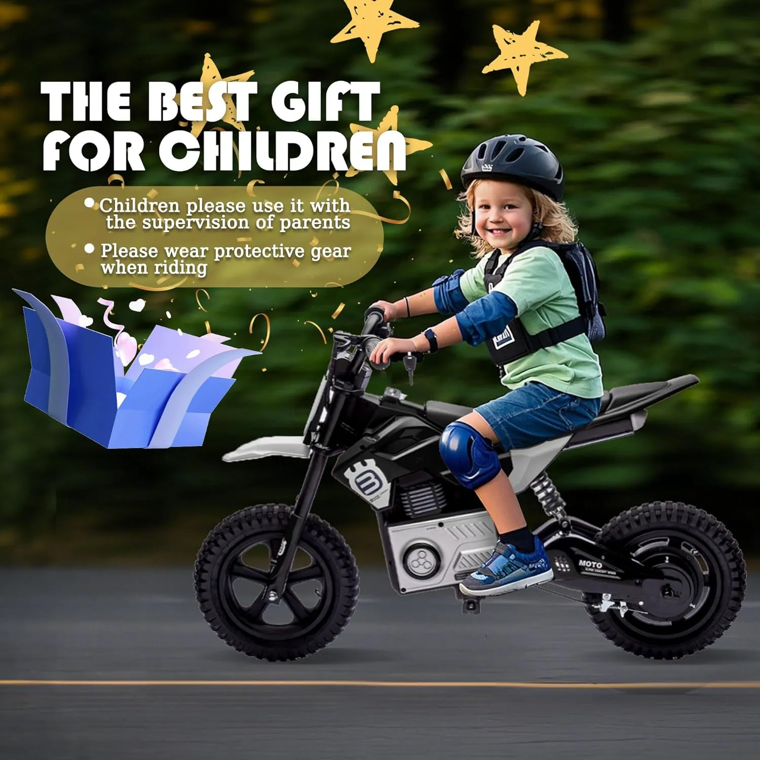 24V Kids Electric Dirt Bike, 200W High Speed Hub Motor Dirt Bike for Kids, Rear Wheel Shock Absorber, Adjustable Speed, LED Breath Lamp, Bluetooth, Music, Horn, Speeds 3.11-9.32mph for Kids Aged 5-15